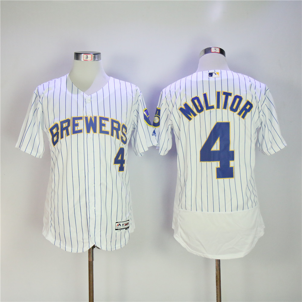 Men Milwaukee Brewers #4 Molitor White stripe MLB Jerseys->milwaukee brewers->MLB Jersey